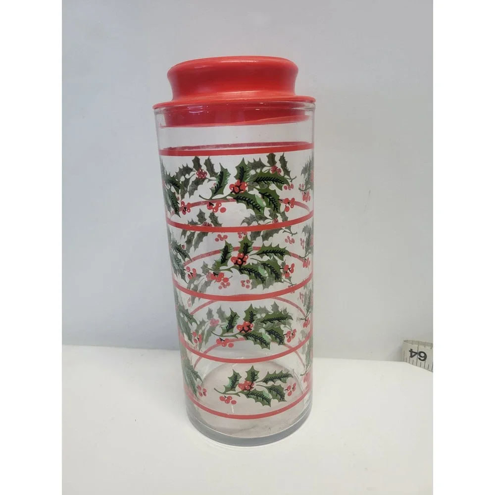 Vintage Christmas Holly‎ Canister Jar Red Lid Glass Container Holiday Decor 8.5